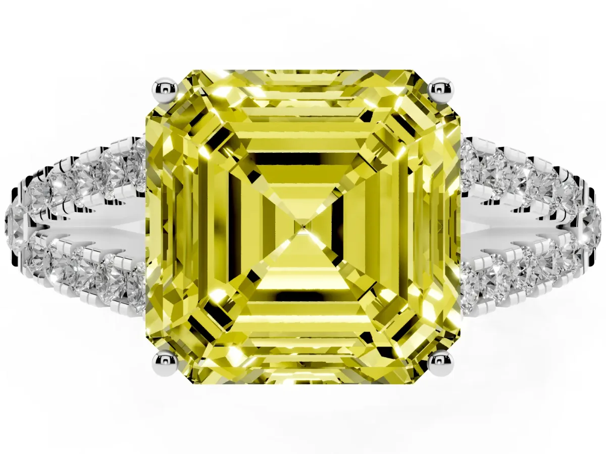 Fancy Yellow Asscher Cut Diamond Split Shank Engagement Ring with Round Pavé and Prong Setting Silver