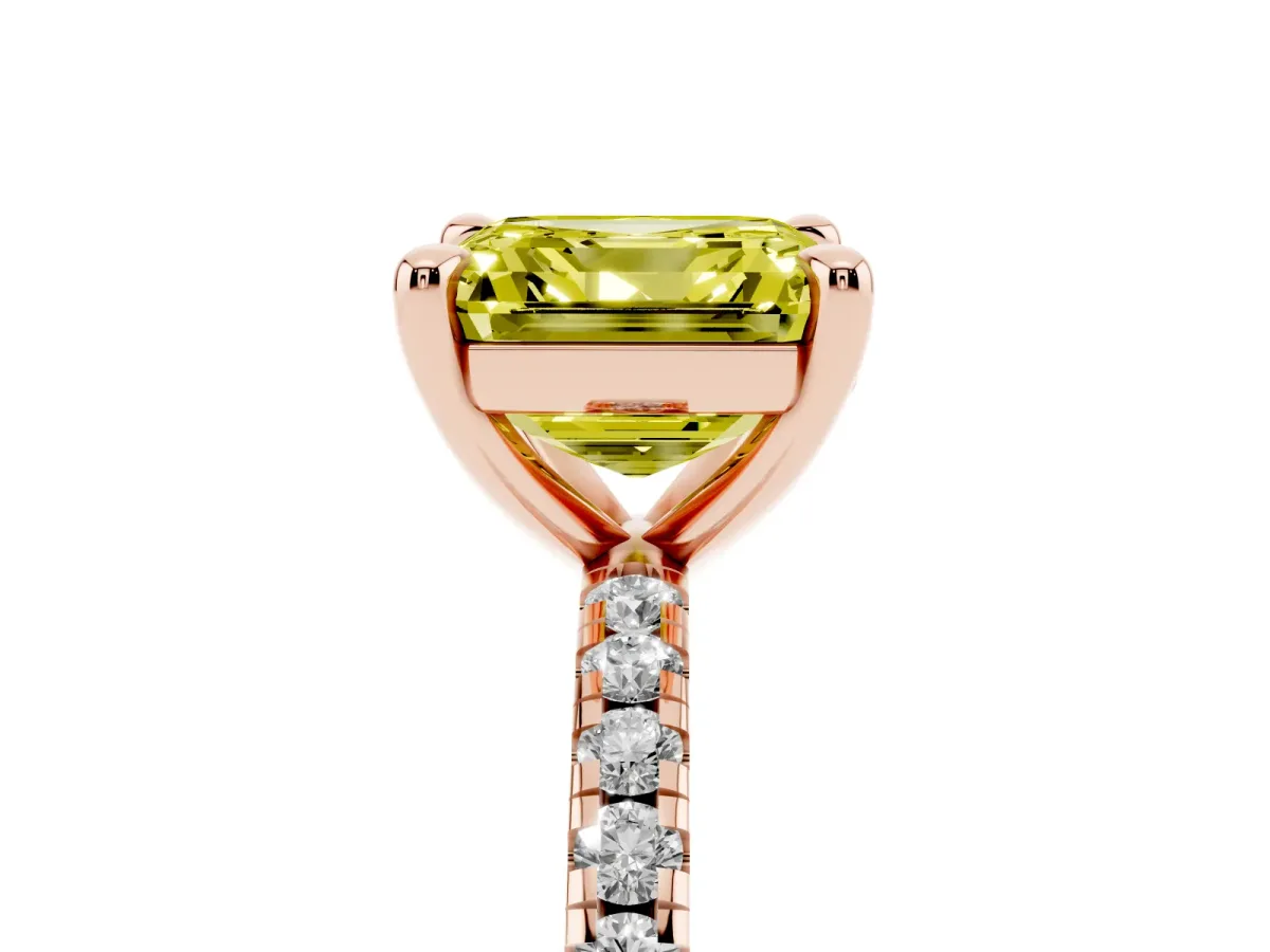 Fancy Yellow Asscher Cut Diamond Brilliant Solitaire Ring with Pavé Band and Four-Prong Setting Rose gold