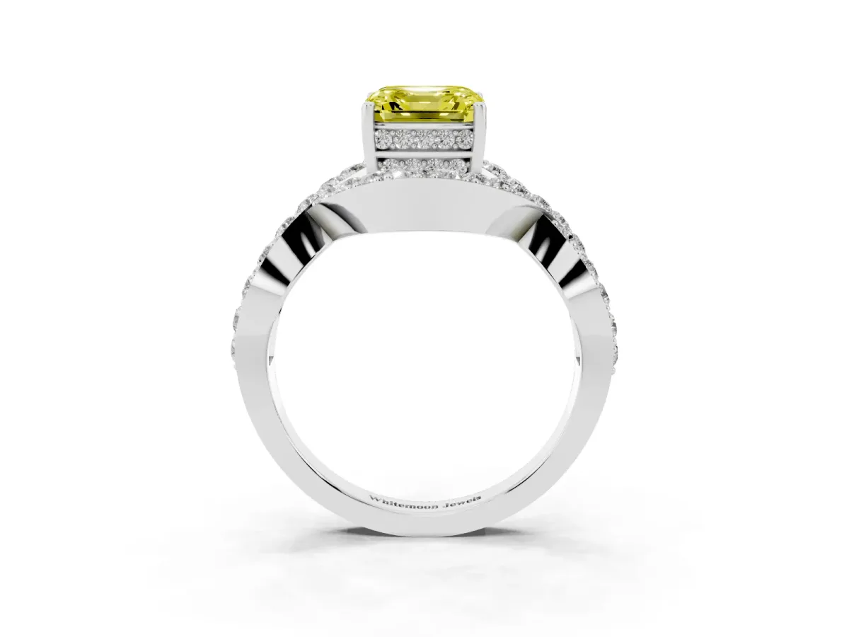 Fancy Yellow Asscher Cut Solitaire Twist Band Pavé Diamond Engagement Ring Silver