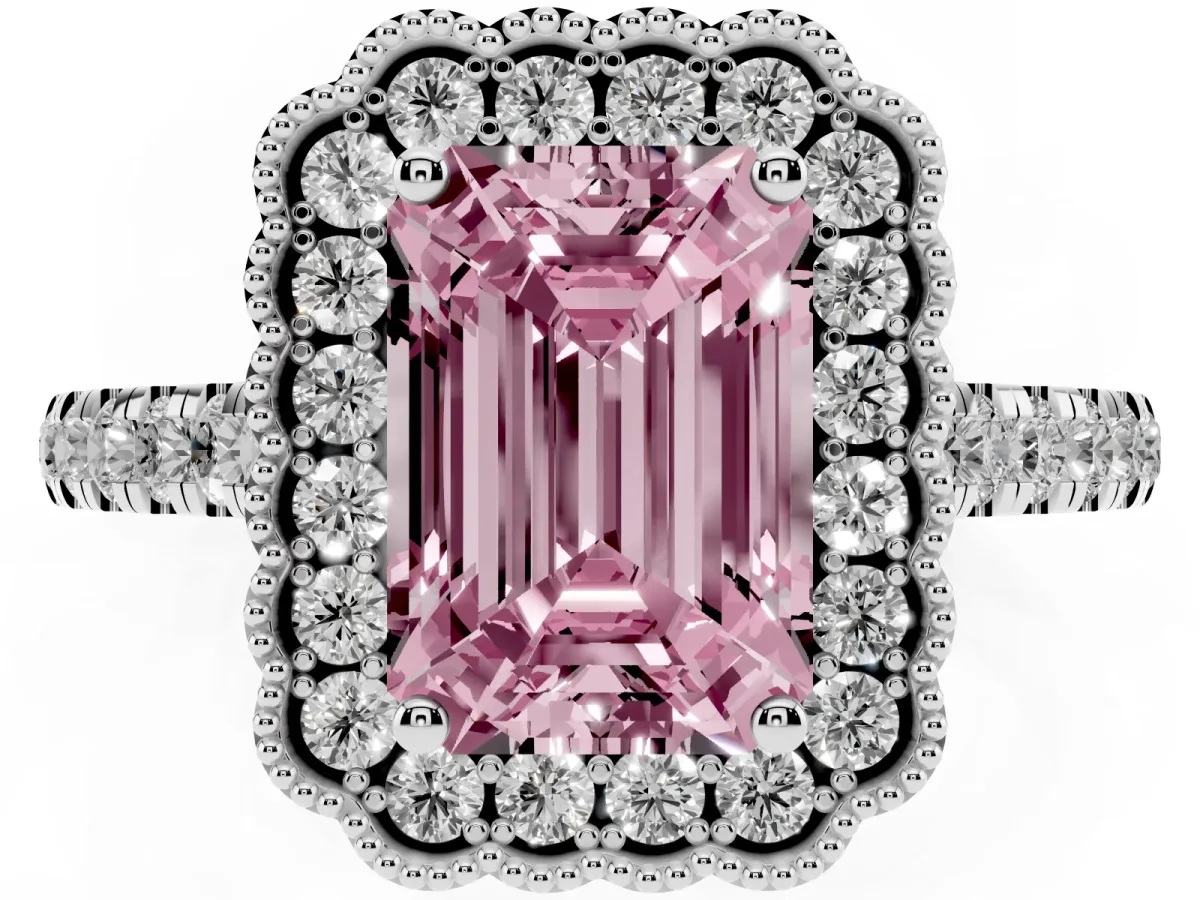Fancy Pink Emerald Cut Cut Diamond Milgrain Floral Halo Engagement Ring with Pavé Band White gold