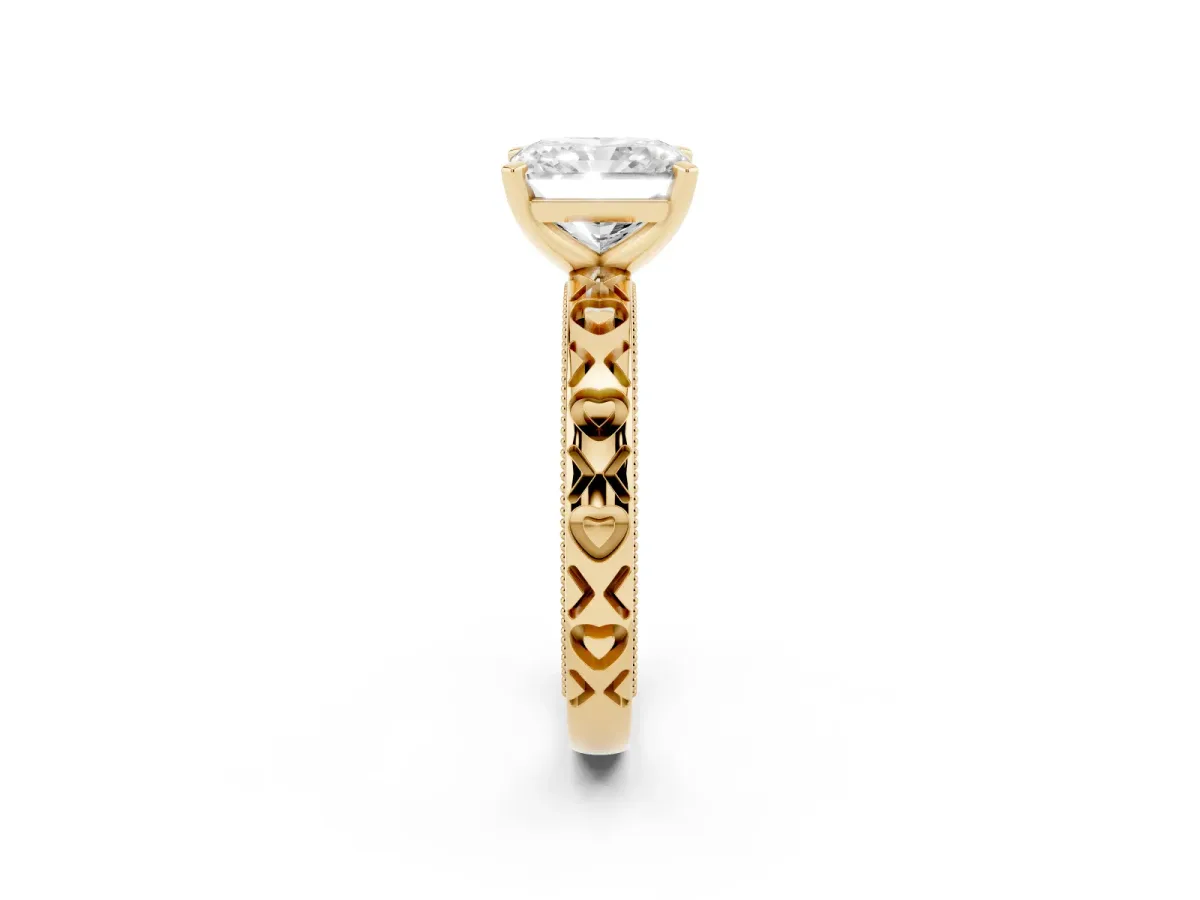 Radiant Cut Solitaire Diamond Engagement Ring with XO Engraved Band and Four-Prong Setting Yellow gold