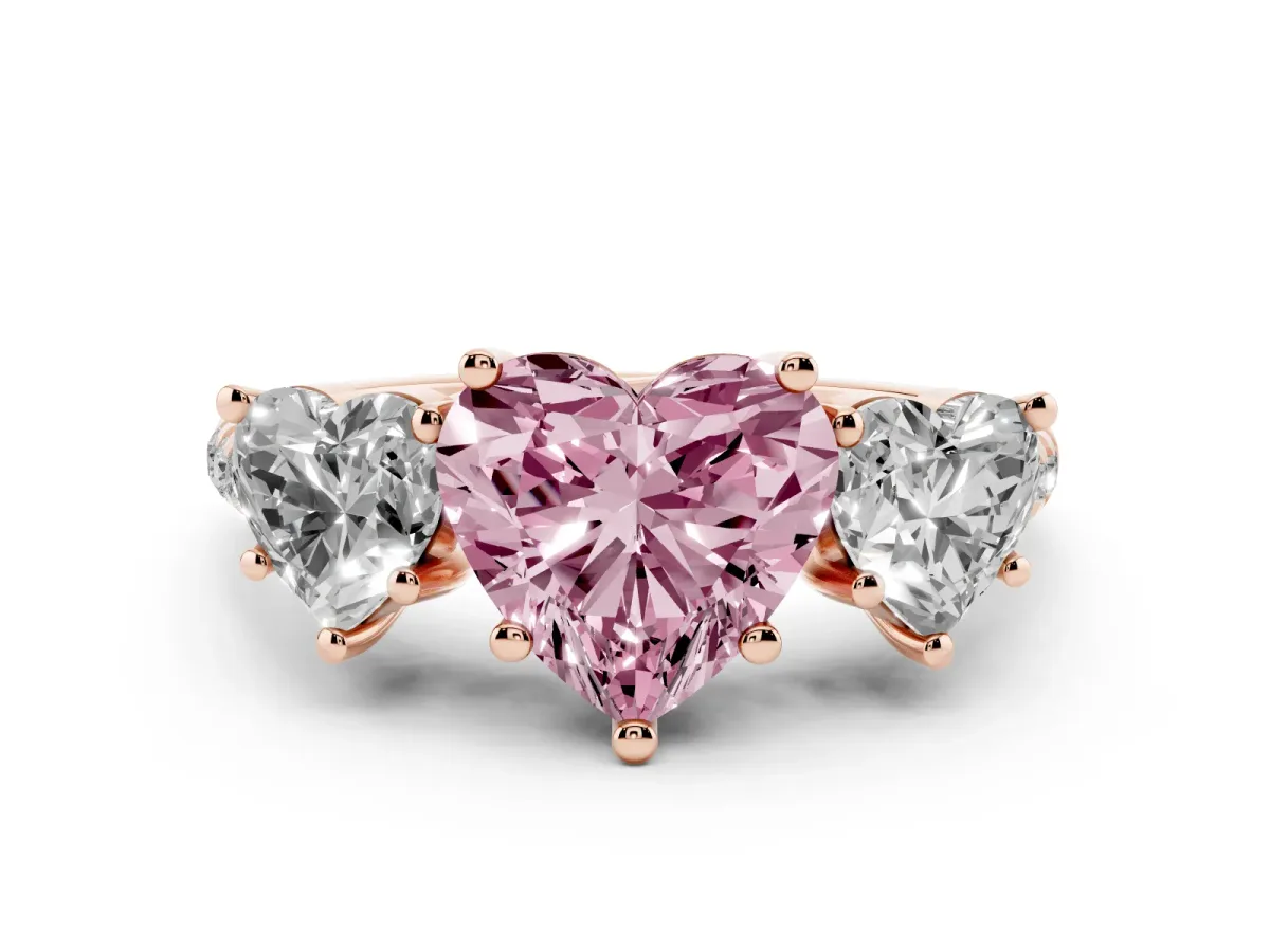 Fancy Pink Three-Stone Heart Cut Diamond Ring with Round Pavé Band and Prong Setting Rose gold