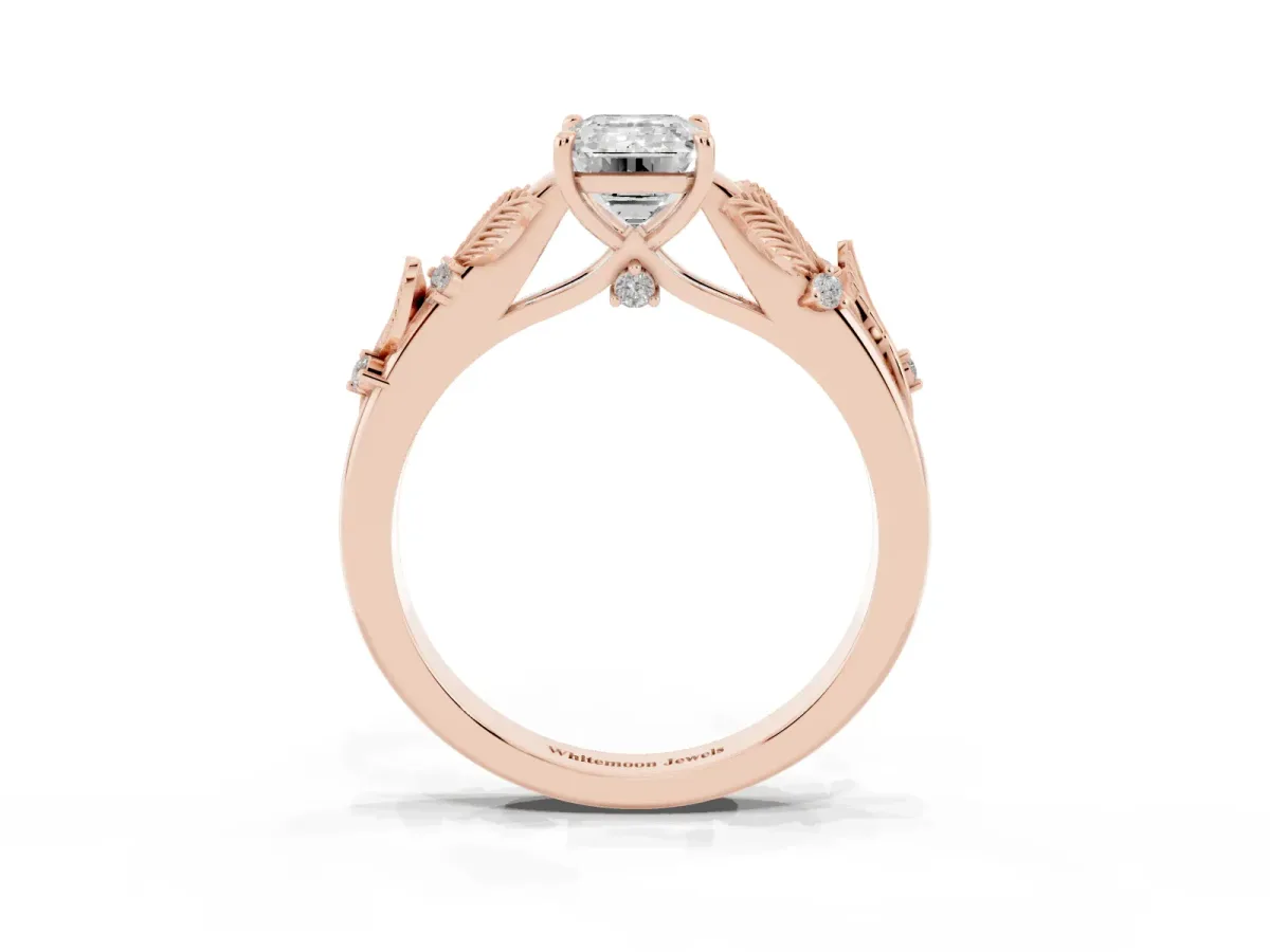 Emerald Cut Diamond Solitaire Ring with Leaf Motif Band and Four-Prong Setting Rose gold
