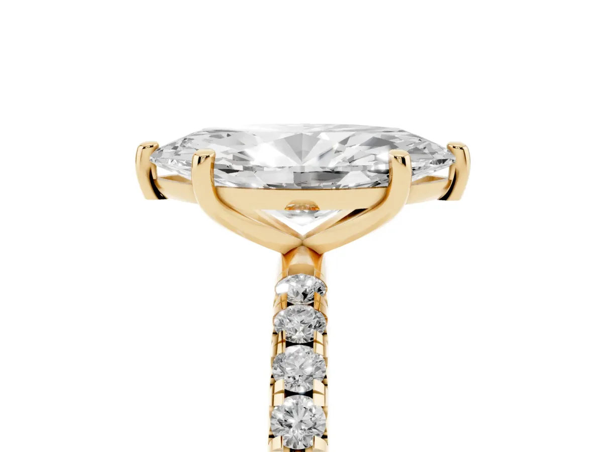 Marquise Cut Cut Diamond Solitaire Ring with Micro Pave Band and Four Prong Setting Yellow gold