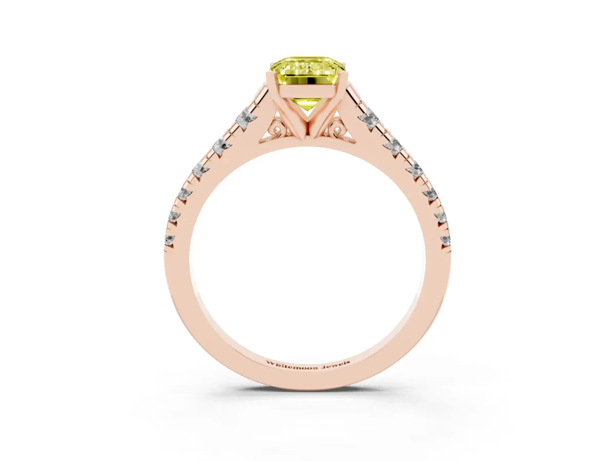 Fancy Yellow Emerald Cut Diamond Cathedral Solitaire Ring with Round Pavé Band Rose gold