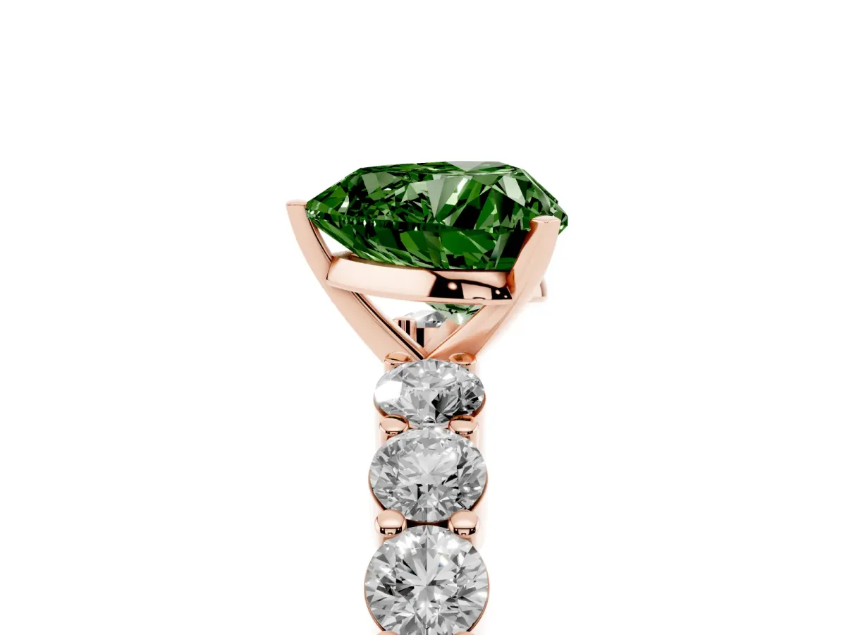 Fancy Green Heart Cut Diamond Solitaire Ring with Shared Prong Round Side Stones Rose gold