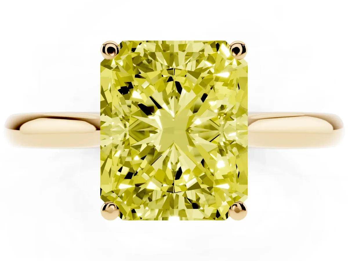 Fancy Yellow Radiant Cut Cut Solitaire Ring with Cathedral Band and Four-Prong Setting Yellow gold