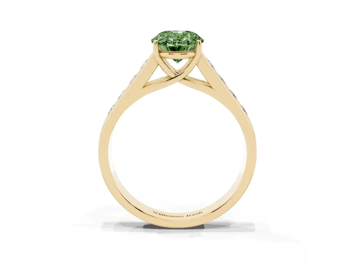 Fancy Green Oval Cut Brilliant Channel-Set Solitaire Ring with Four-Prong Setting Yellow gold