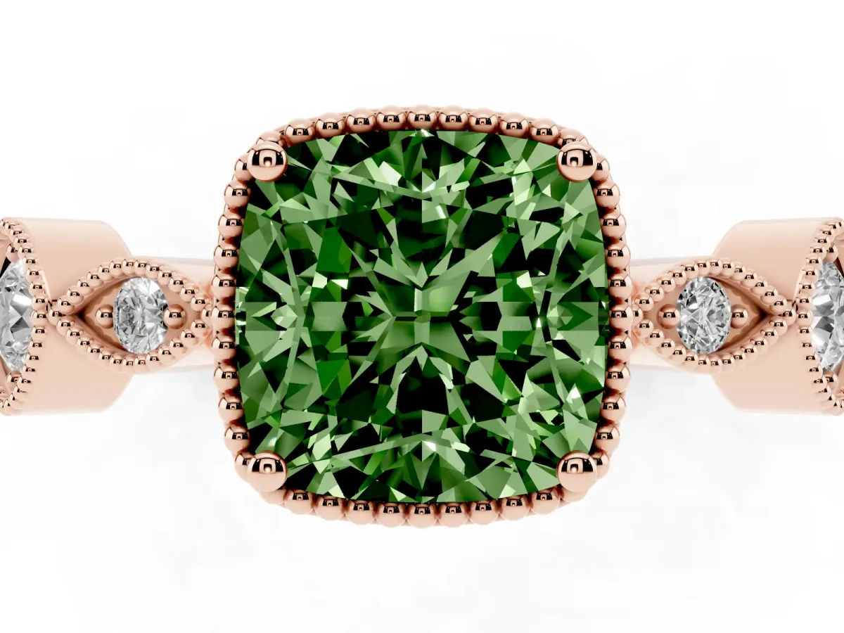 Fancy Green Cushion Cut Diamond Vintage Milgrain Ring with Round Stations Rose gold
