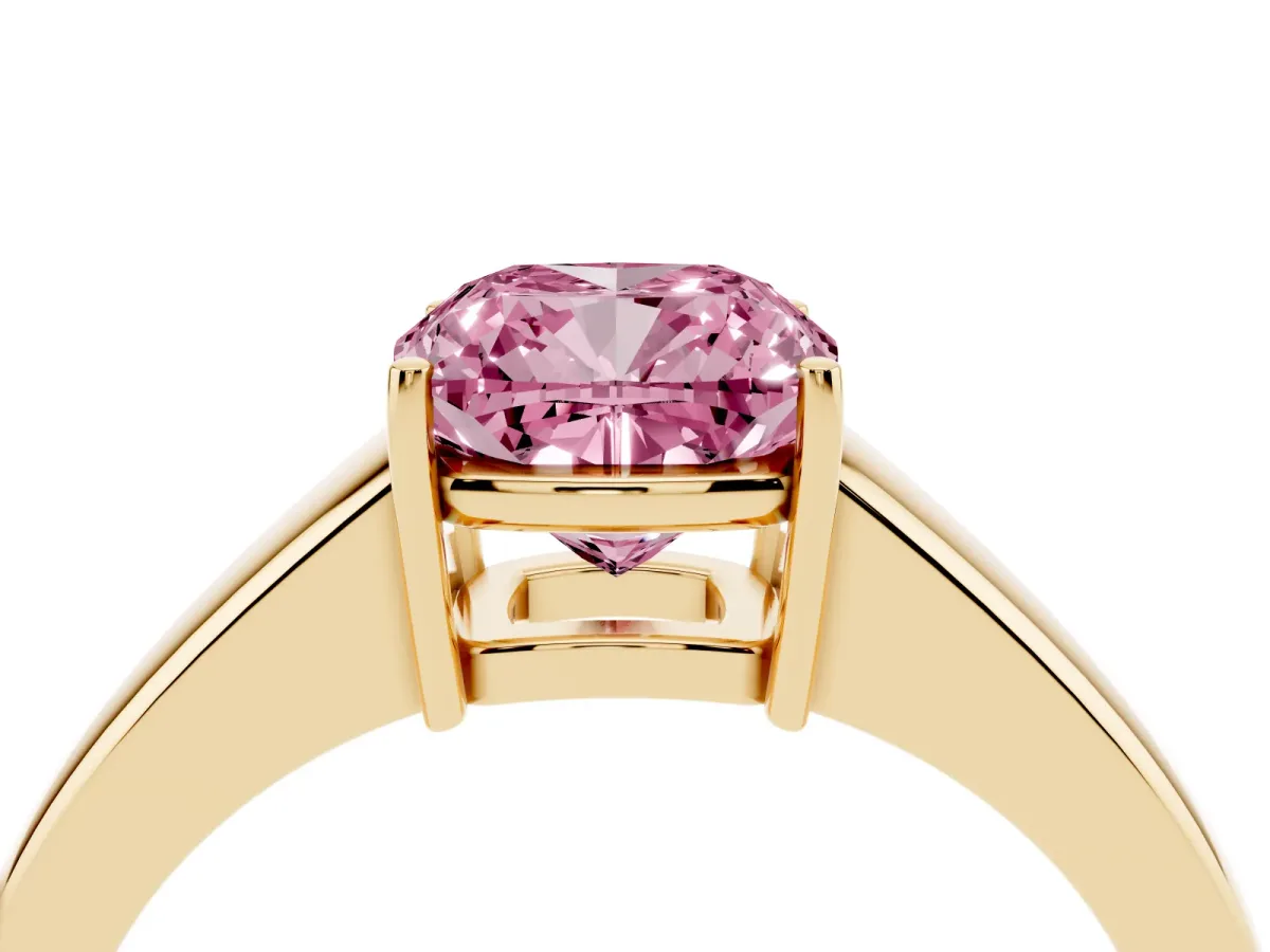 Fancy Pink Cushion Cut Solitaire Diamond Ring with Tapered Band and Four-Prong Setting Yellow gold