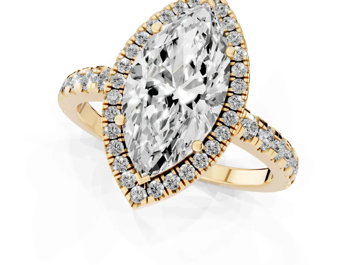 Marquise Cut Diamond Halo Ring with Pavé Band and Four-Prong Setting Yellow gold