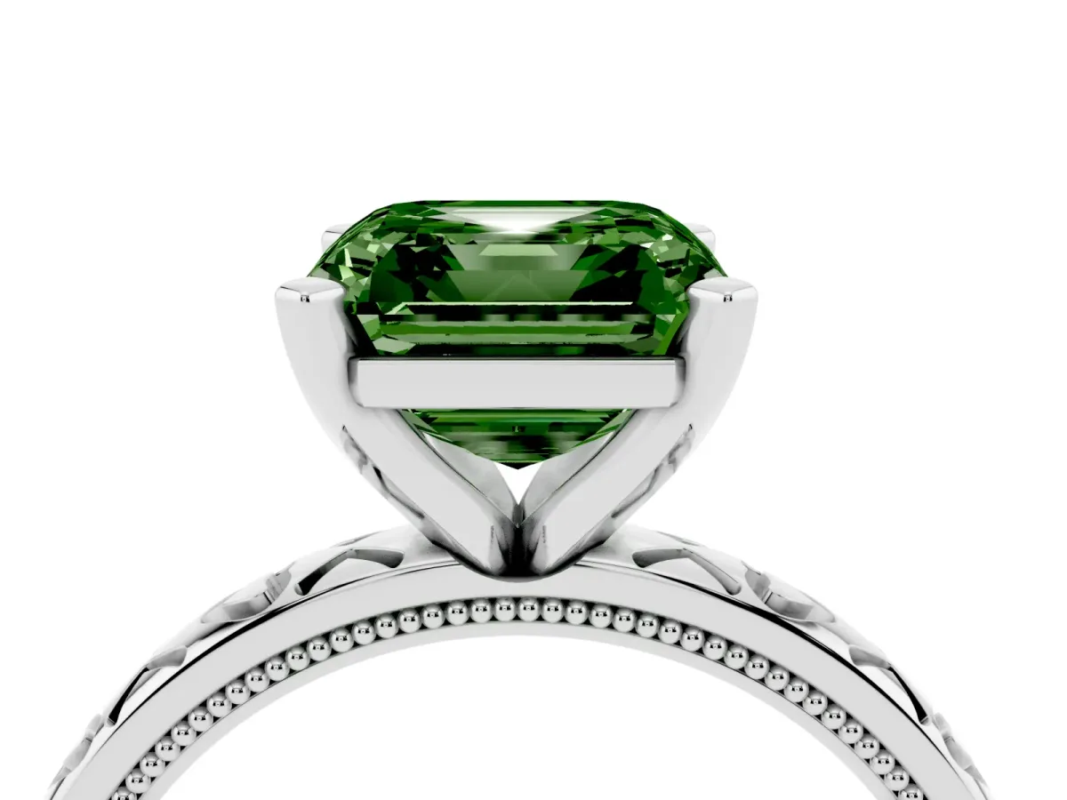 Fancy Green Asscher Cut Solitaire Diamond Engagement Ring with XO Engraved Band and Four-Prong Setting Platinum