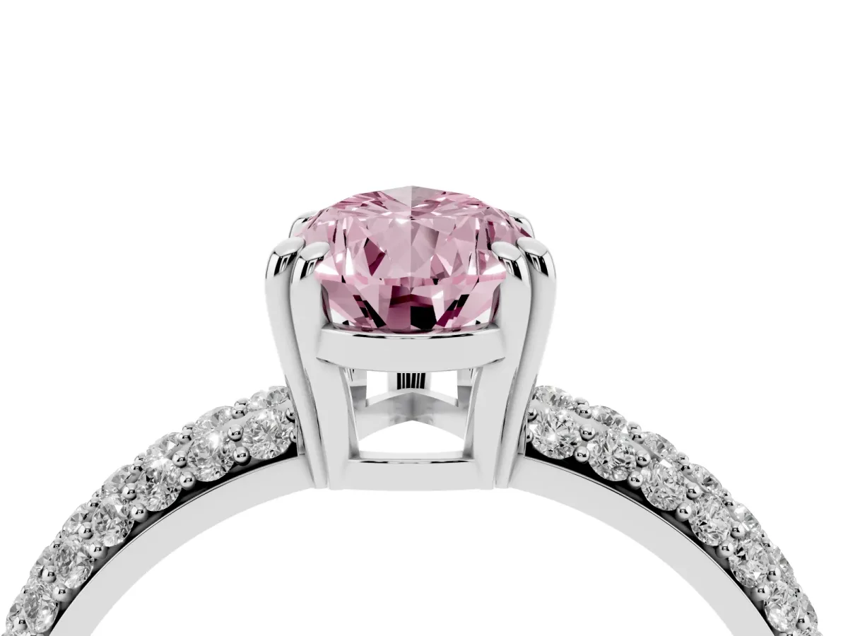 Fancy Pink Pear Cut Diamond Solitaire Ring with Multi-Row Round Pavé Band and Prong Setting Silver