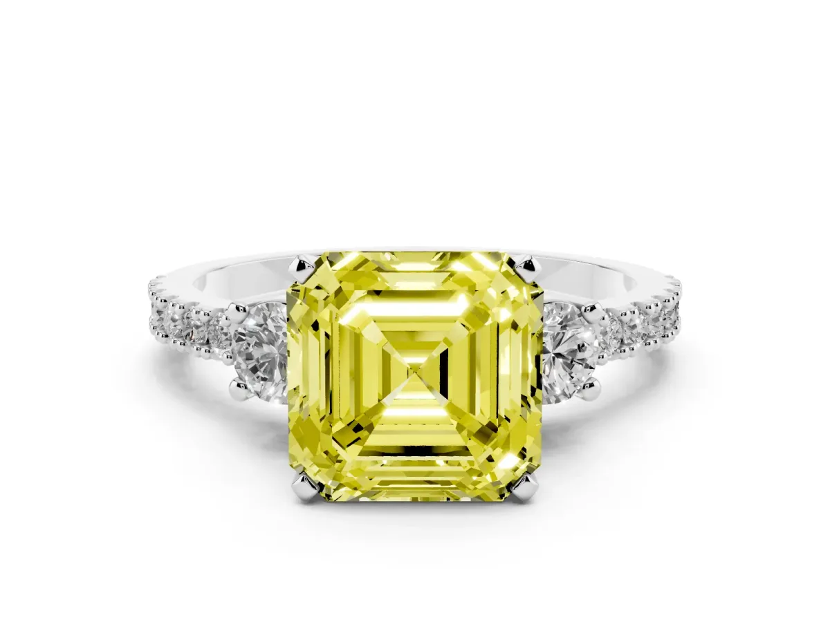 Fancy Yellow Asscher Cut Three-Stone Diamond Pavé Band with Prong Setting Silver