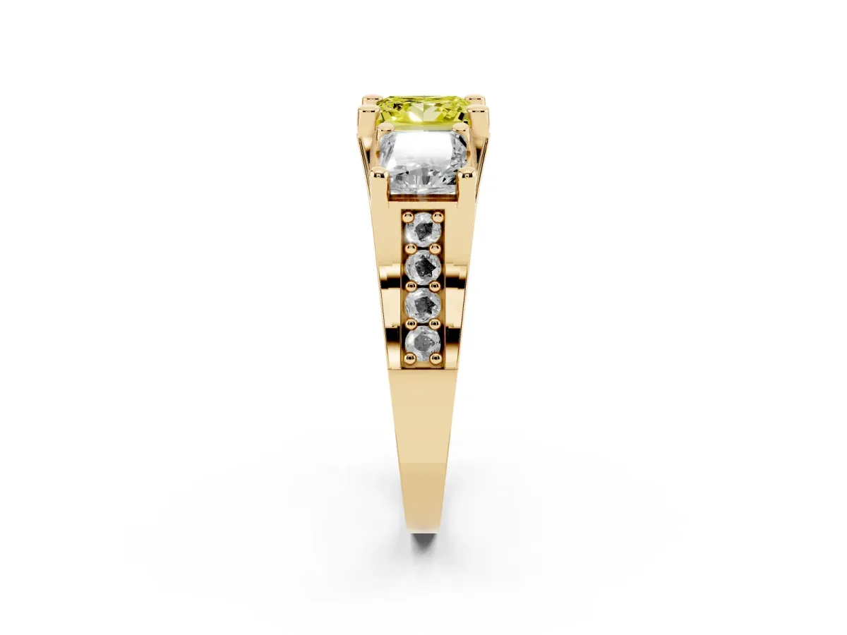 Fancy Yellow Princess Cut Diamond Three-Stone Ring with Channel Set Band and Four-Prong Setting Yellow gold