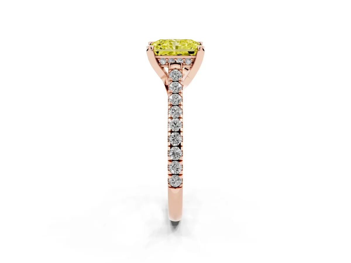 Fancy Yellow Radiant Cut Brilliant Diamond Solitaire with Pavé Band and Four-Prong Setting Rose gold