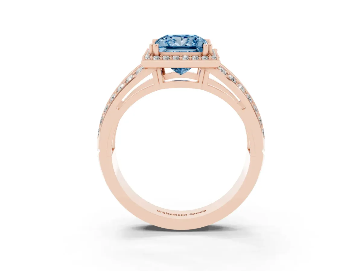 Fancy Blue Princess Cut Diamond Halo Ring with Split Shank Pavé Band and Four-Prong Setting Rose gold