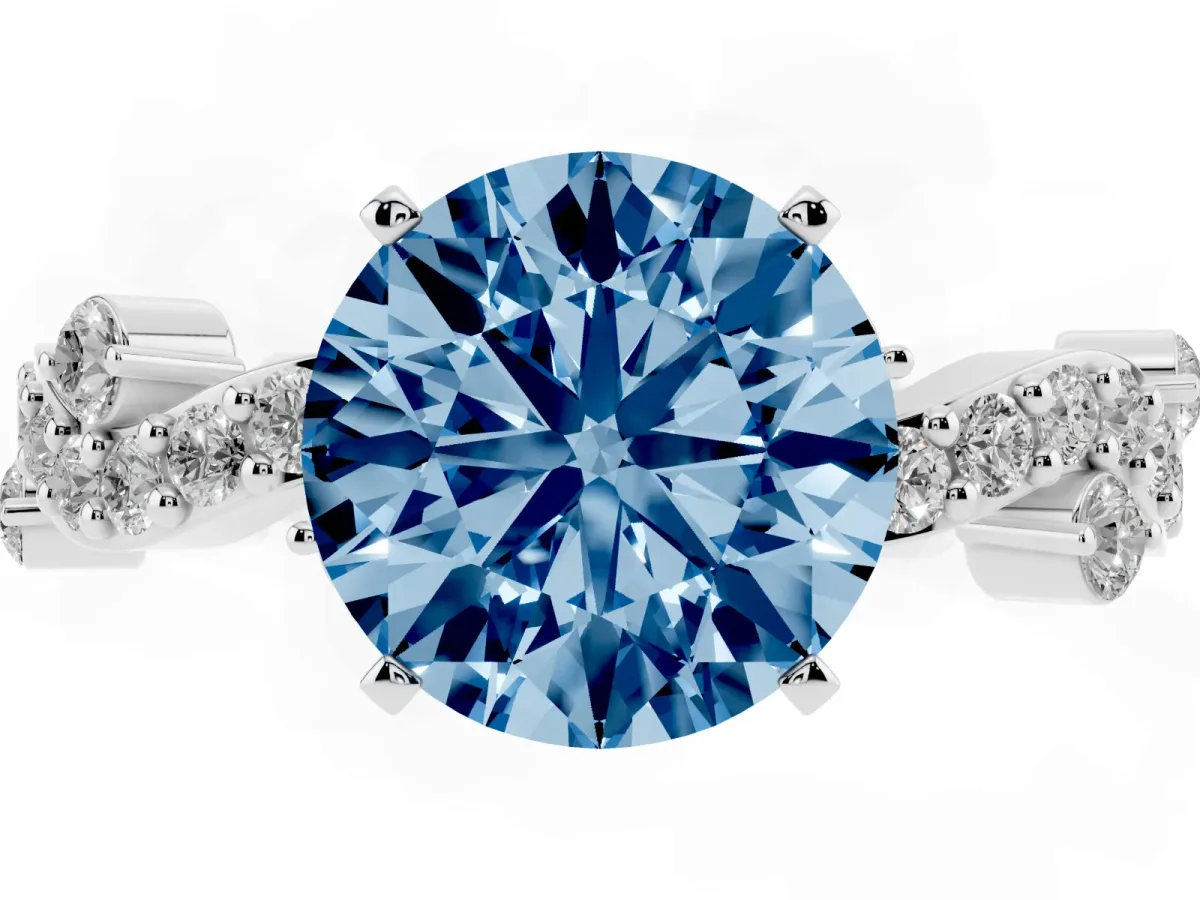 Fancy Blue Round Cut Cut Solitaire Diamond Twisted Band with Pave Setting White gold
