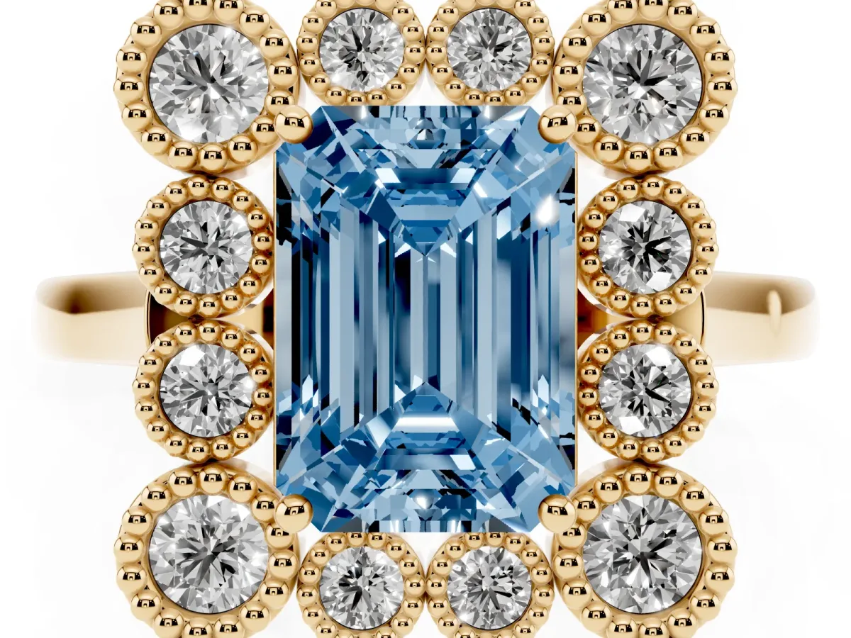 Fancy Blue Emerald Cut Halo Diamond Cluster Engagement Ring with Milgrain Bezel Setting and Solitaire Band Yellow gold