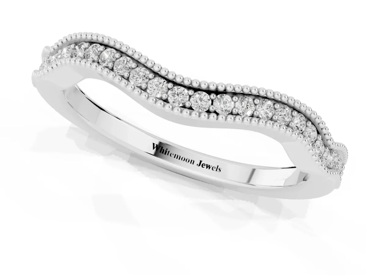 Pavé Round Diamond Curved Milgrain Band White gold