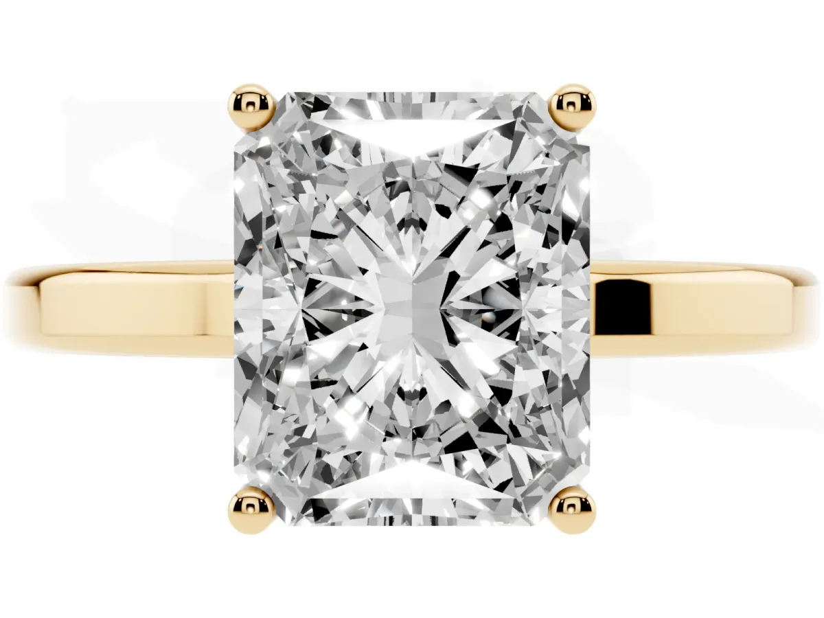 Radiant Cut Cut Solitaire Engagement Ring with Four-Prong Setting on a Classic Band Yellow gold