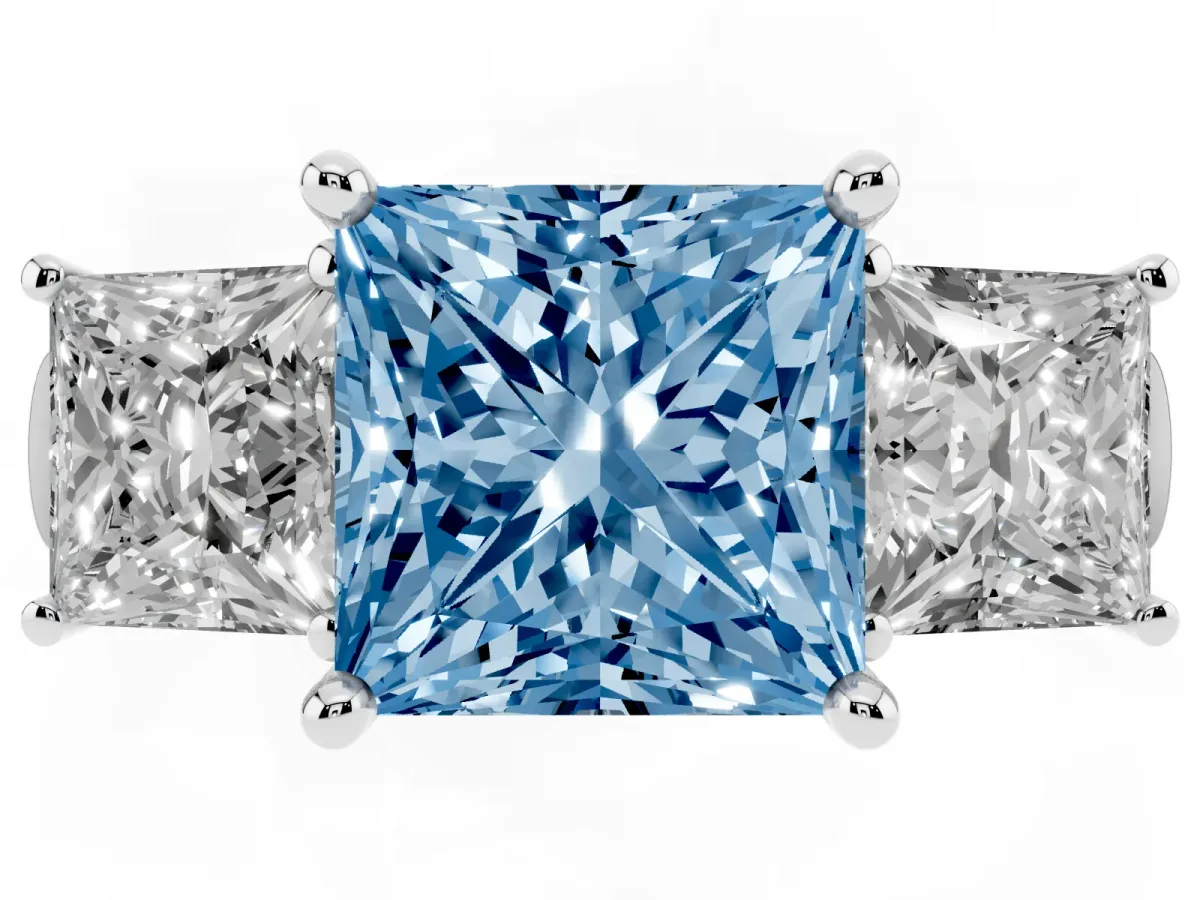 Fancy Blue Three-Stone Princess Cut Brilliant Diamond Trellis Ring with Comfort Fit Band White gold
