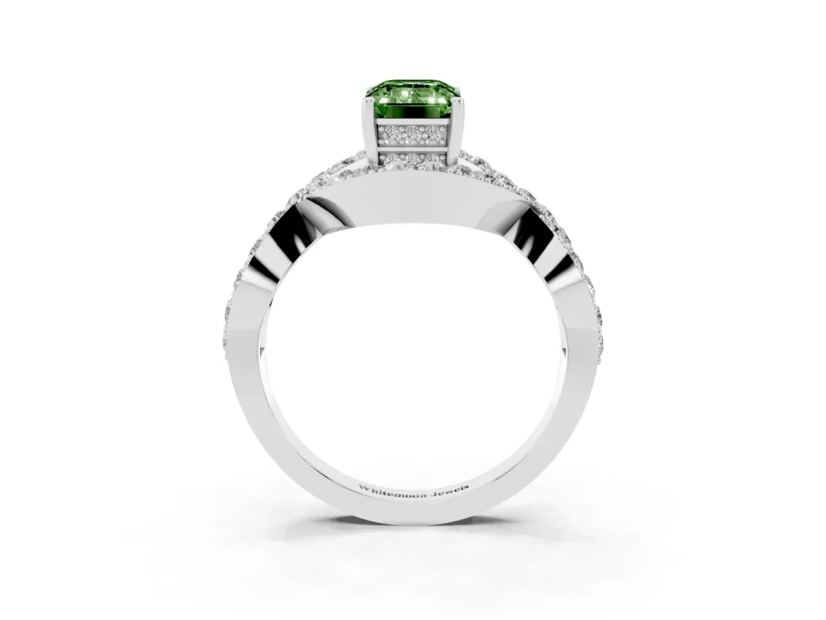 Fancy Green Emerald Cut Solitaire Twist Band Pavé Diamond Engagement Ring Silver