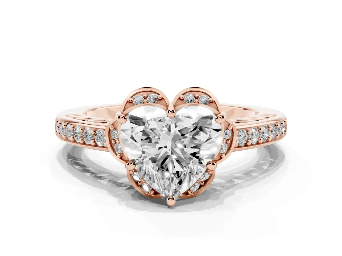 Heart Cut Cut Halo Diamond Ring with Channel Set Band and Four-Prong Setting Rose gold