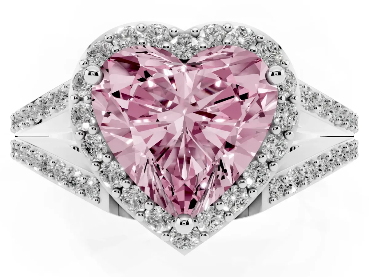 Fancy Pink Heart Cut Halo Split Shank Pave Diamond Ring with Four-Prong Setting Platinum
