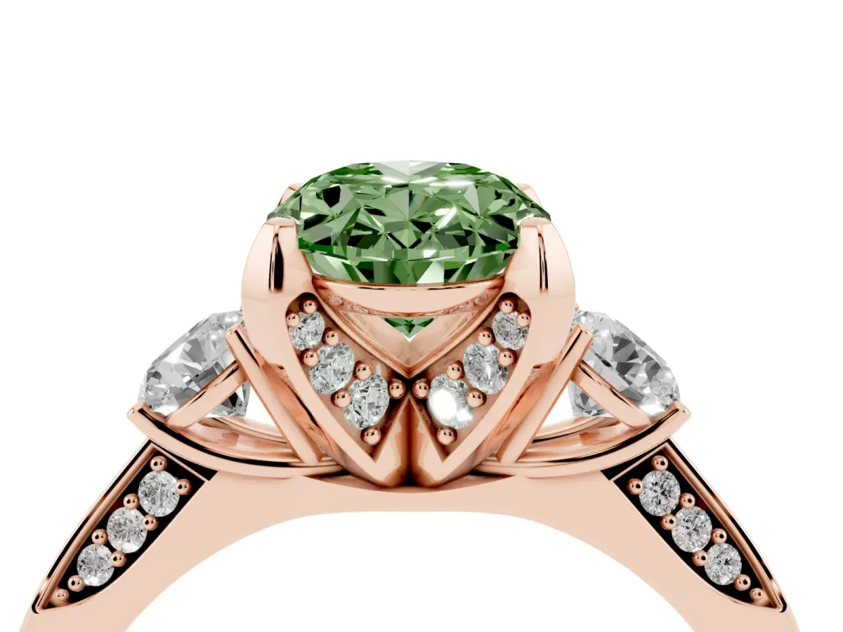 Fancy Green Oval Cut Brilliant Three-Stone Diamond Ring with Pavé Band and Four-Prong Setting Rose gold