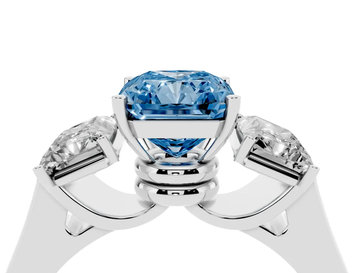 Fancy Blue Three-Stone Radiant Cut Brilliant Diamond Trellis Ring with Comfort Fit Band Platinum
