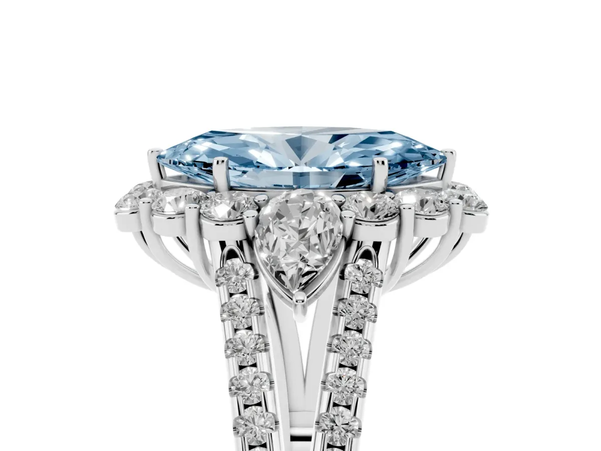 Fancy Blue Marquise Cut Halo Split Shank Diamond Engagement Ring with Prong Setting Silver