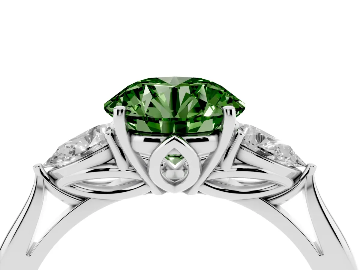 Fancy Green Three-Stone Round Cut Diamond Ring with Pear Side Stones in Four-Prong Setting Platinum