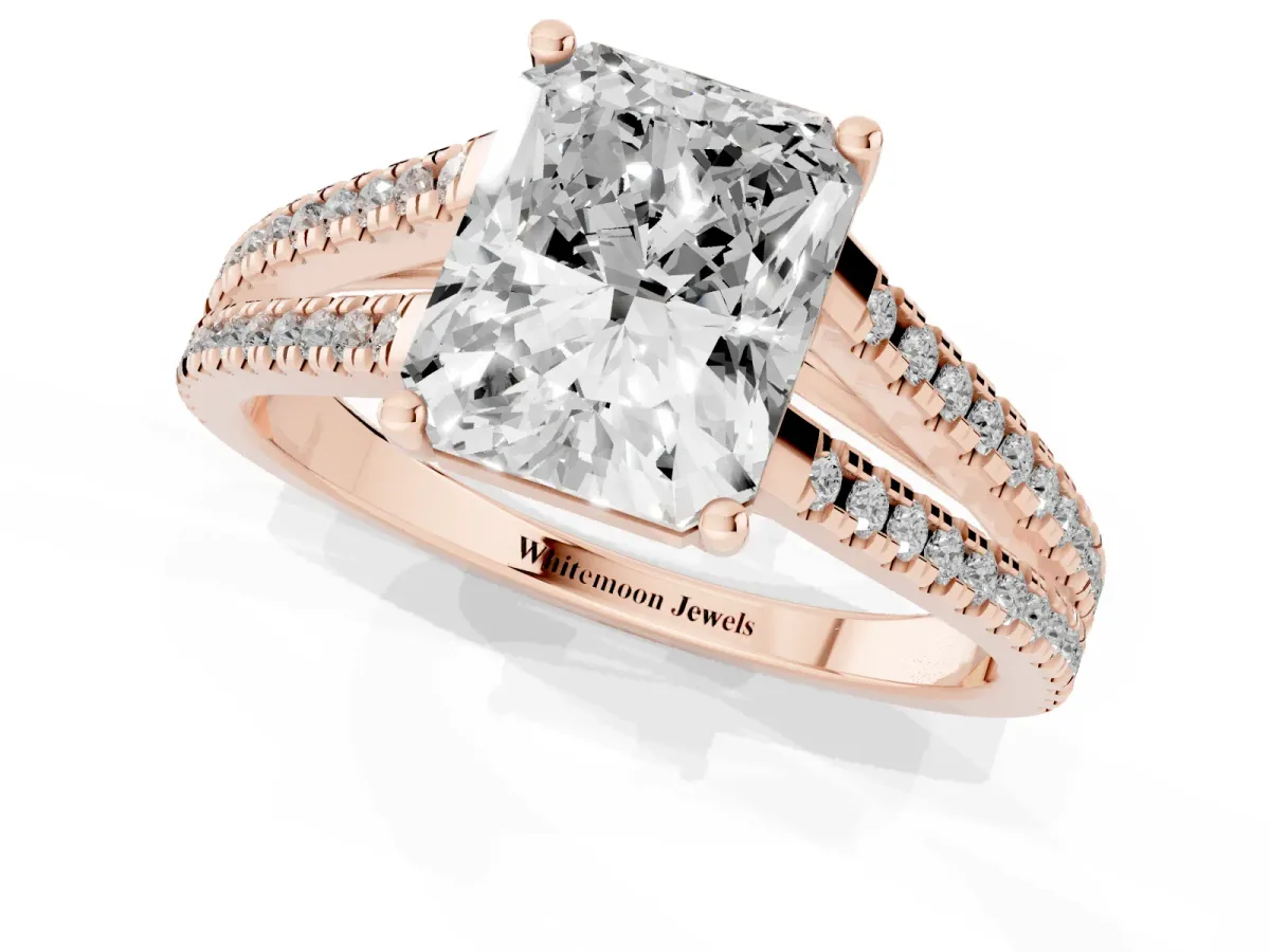 Radiant Cut Diamond Solitaire Engagement Ring with Split Shank Pavé Band Rose gold