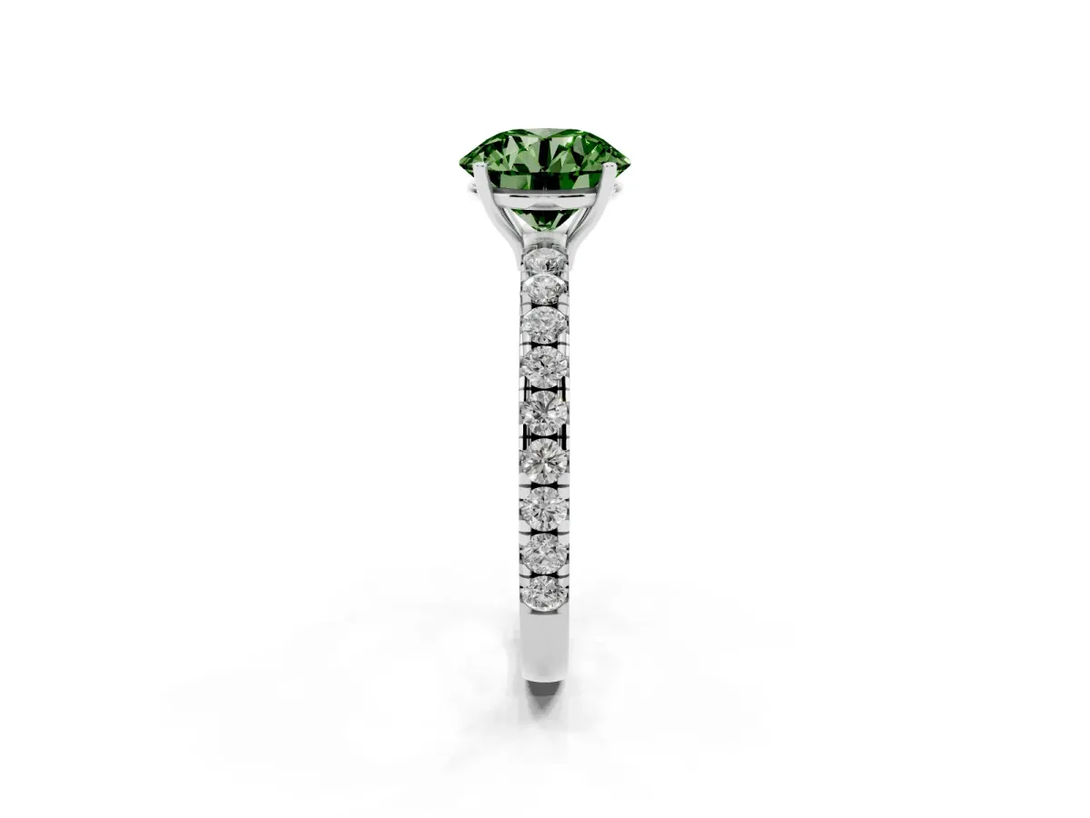 Fancy Green Round Cut Diamond Pavé Solitaire Engagement Ring with Four-Prong Setting Silver
