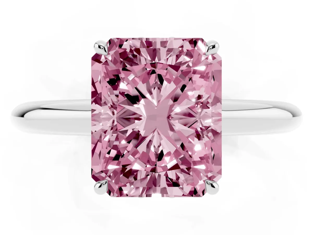 Fancy Pink Radiant Cut Brilliant Solitaire Engagement Ring with Six-Prong Setting and Classic Band Silver