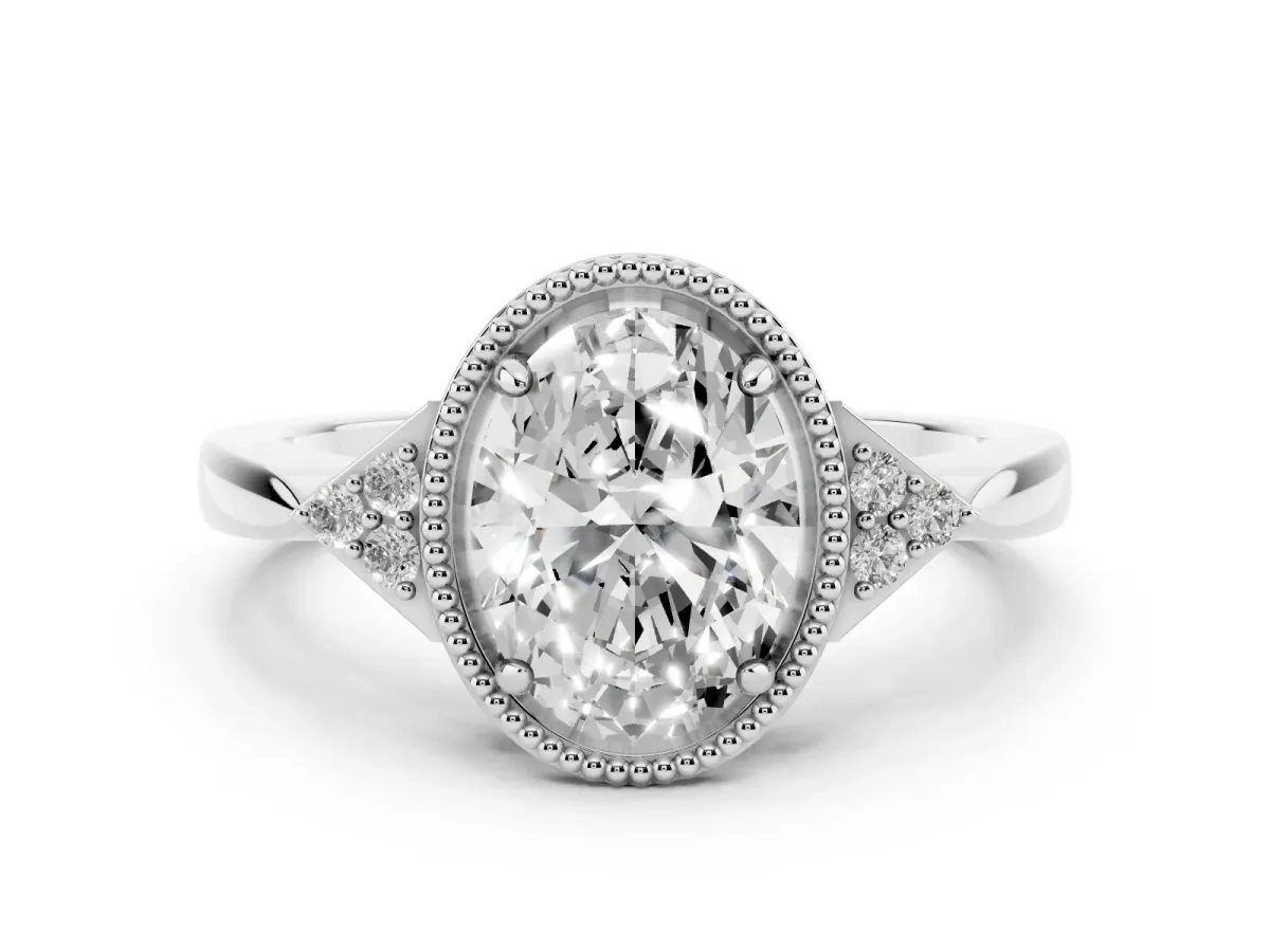 Hexagonal Halo Oval Cut Diamond Solitaire with Pavé Band and Four-Prong Setting Platinum