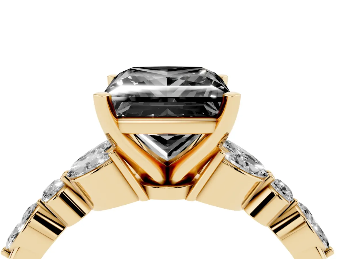 Fancy Black Princess Cut Diamond Solitaire Ring with Side Stones and Four-Prong Setting Yellow gold