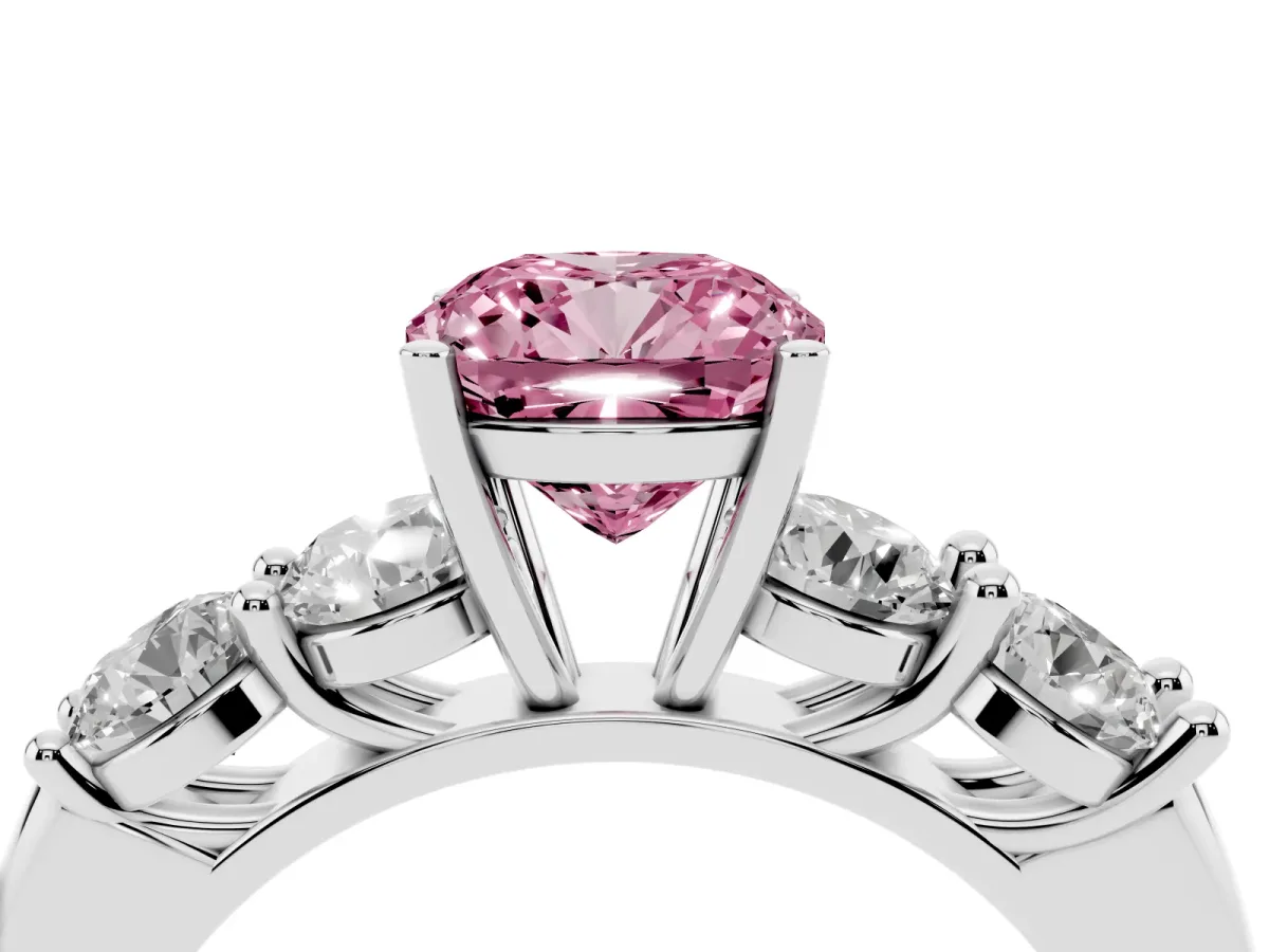 Fancy Pink Cushion Cut Cut Five-Stone Prong Set Diamond Ring with Classic Band Silver