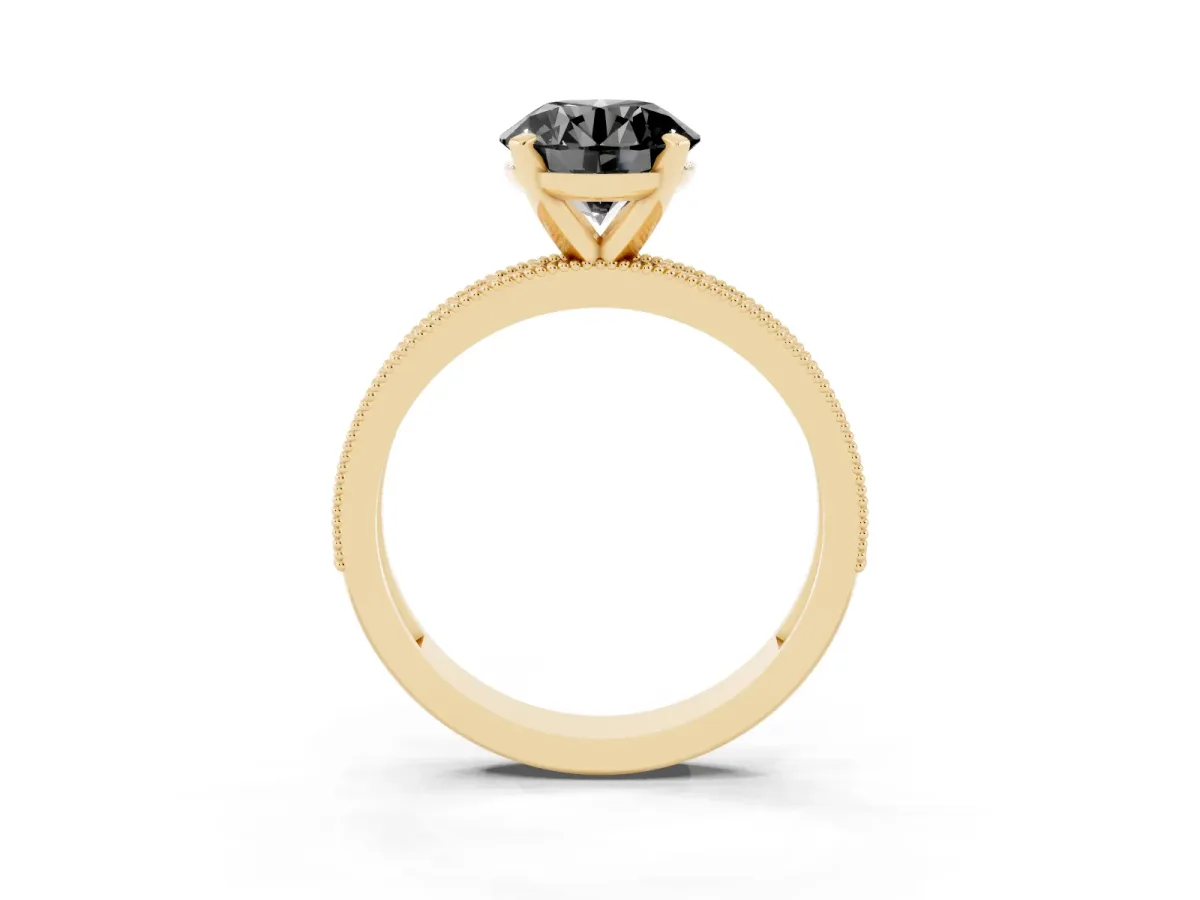 Fancy Black Round Cut Diamond Milgrain Pavé Engagement Ring with Four-Prong Setting Yellow gold