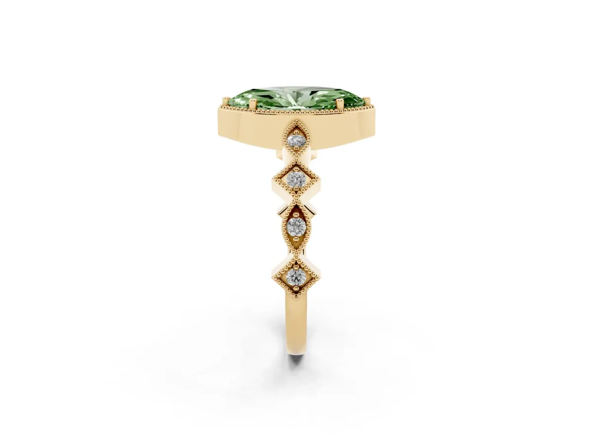 Fancy Green Marquise Cut Milgrain Marquise Diamond Twist Band Ring Yellow gold