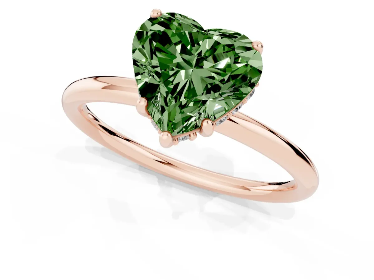 Fancy Green Heart Cut Solitaire Diamond Ring with a Classic Band and Four-Prong Setting Rose gold
