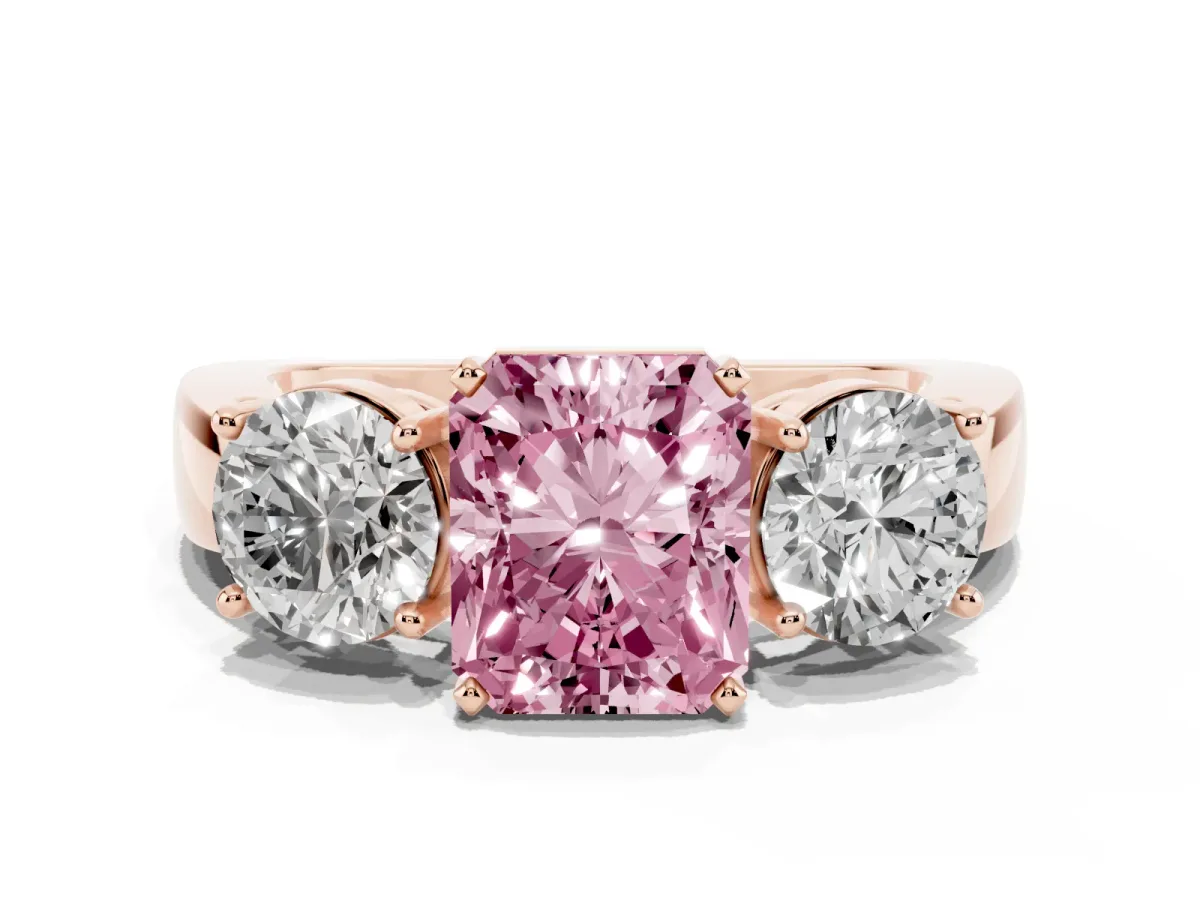 Fancy Pink Three-Stone Radiant Cut Diamond Ring with Round Side Stones, Classic Band, and Four-Prong Setting Rose gold