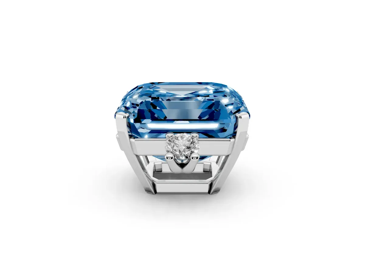 Fancy Blue Asscher Cut Cut Three-Stone Solitaire Ring with Round Accent Diamonds and Four-Prong Setting Silver