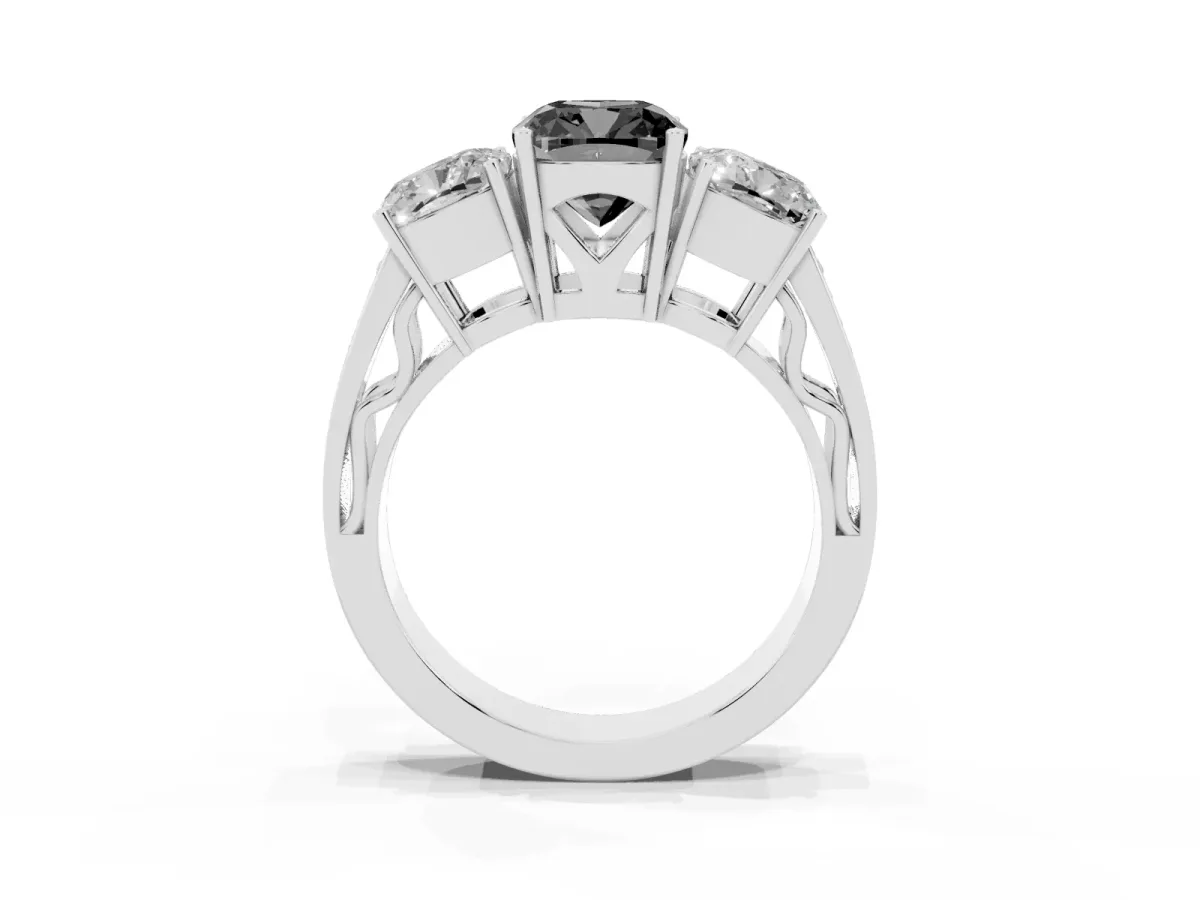 Fancy Black Cushion Cut Diamond Three-Stone Ring with Prong Setting and Textured Band Platinum
