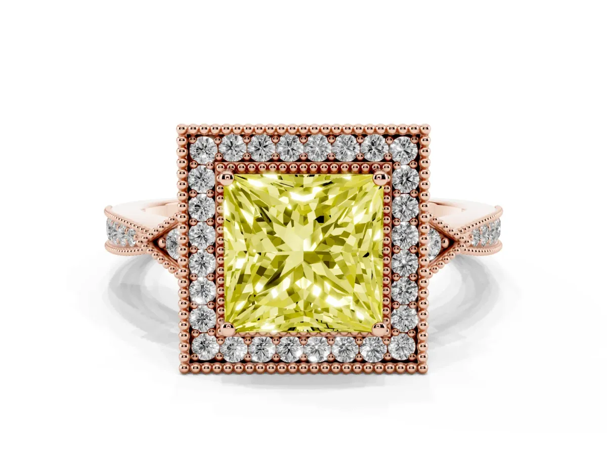 Fancy Yellow Princess Cut Halo Round Diamond Milgrain Pave Engagement Ring Rose gold