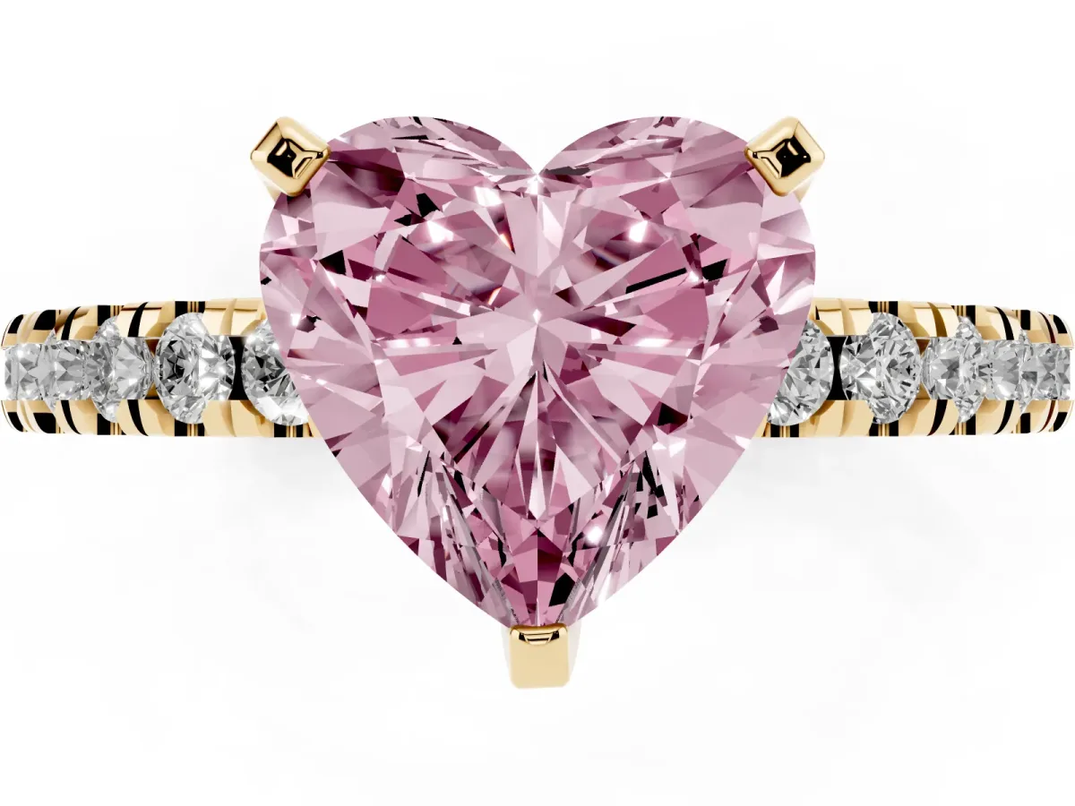 Fancy Pink Heart Cut Solitaire Diamond with Pavé Band and Four-Prong Setting Yellow gold