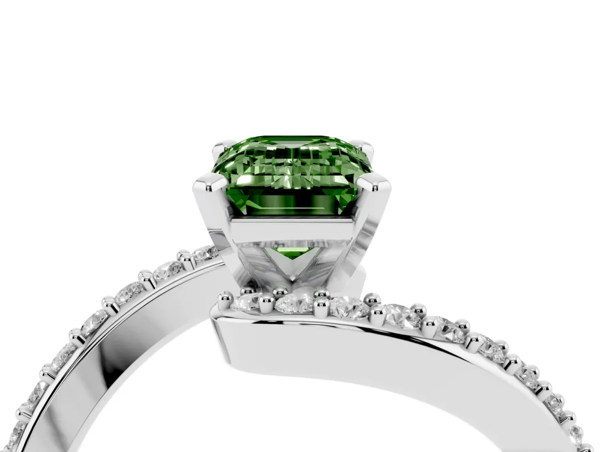 Fancy Green Emerald Cut Solitaire Twist Band with Pave Set Diamonds and Four-Prong Setting Platinum