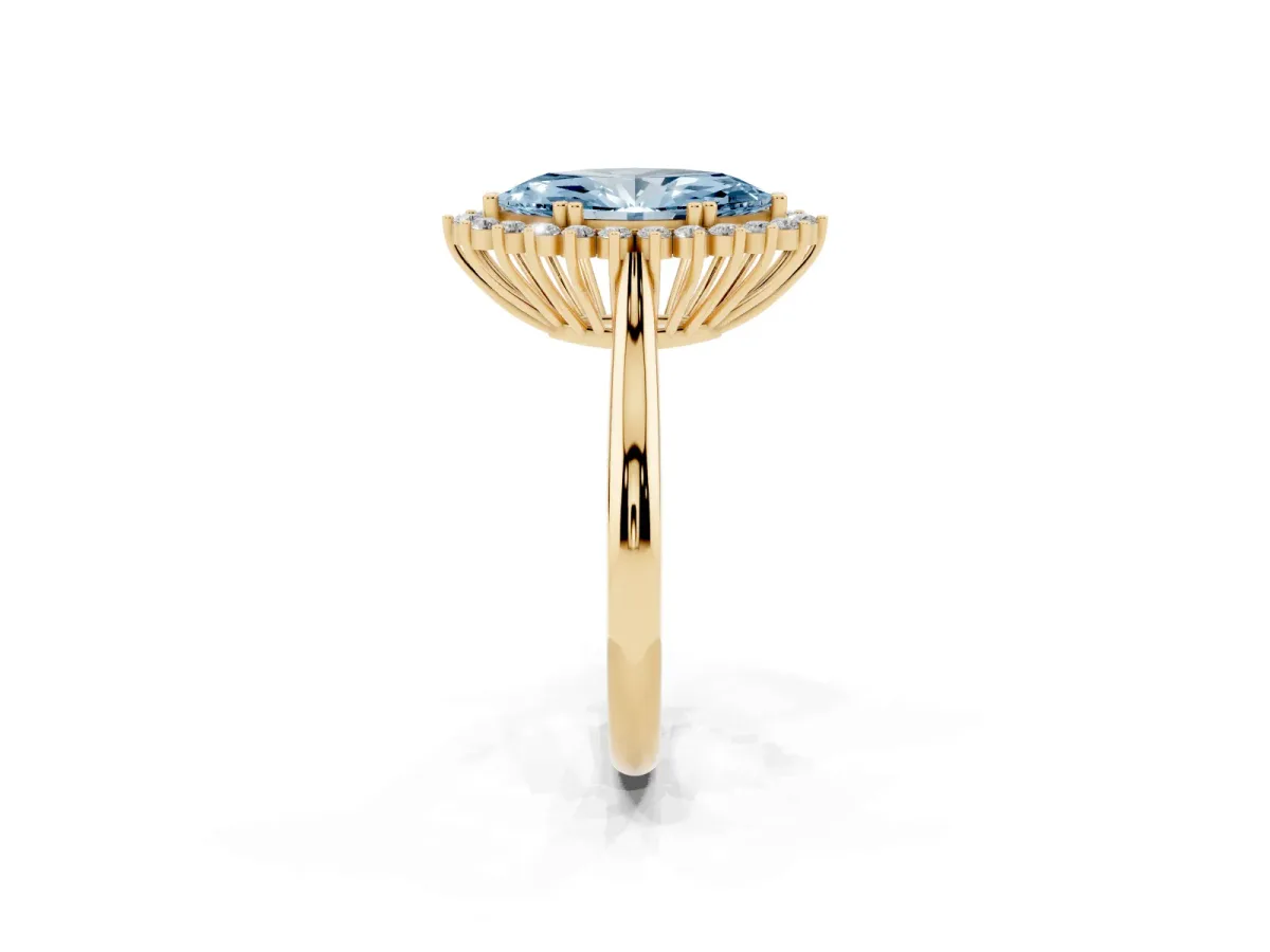 Fancy Blue Marquise Cut Cut Diamond Halo Ring with Solitaire Band and Prong Setting Yellow gold