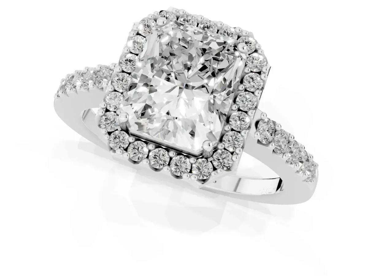 Radiant Cut Halo Diamond Pavé Solitaire Ring Silver